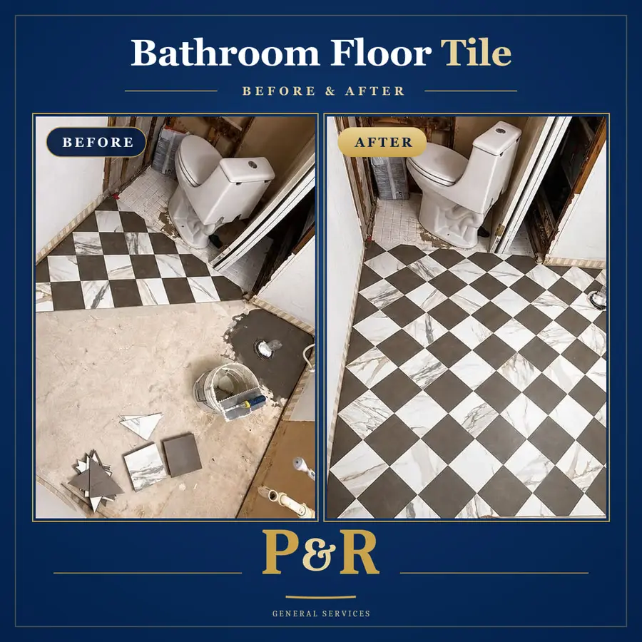 Before and after of a small bathroom floor: tile partly laid on a bare subfloor, then a finished diagonal black and white checkerboard tile floor