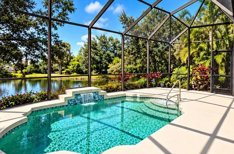 After: the same concrete pool deck with the cracks repaired, repainted and sealed to a clean, light-colored finish, with a tiled waterfall feature and a lake view