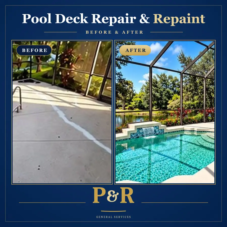 Before and after of a screened pool deck: worn, stained concrete with patched cracks, then the same concrete deck with the cracks repaired, repainted and sealed to a bright, even finish beside the pool and waterfall feature