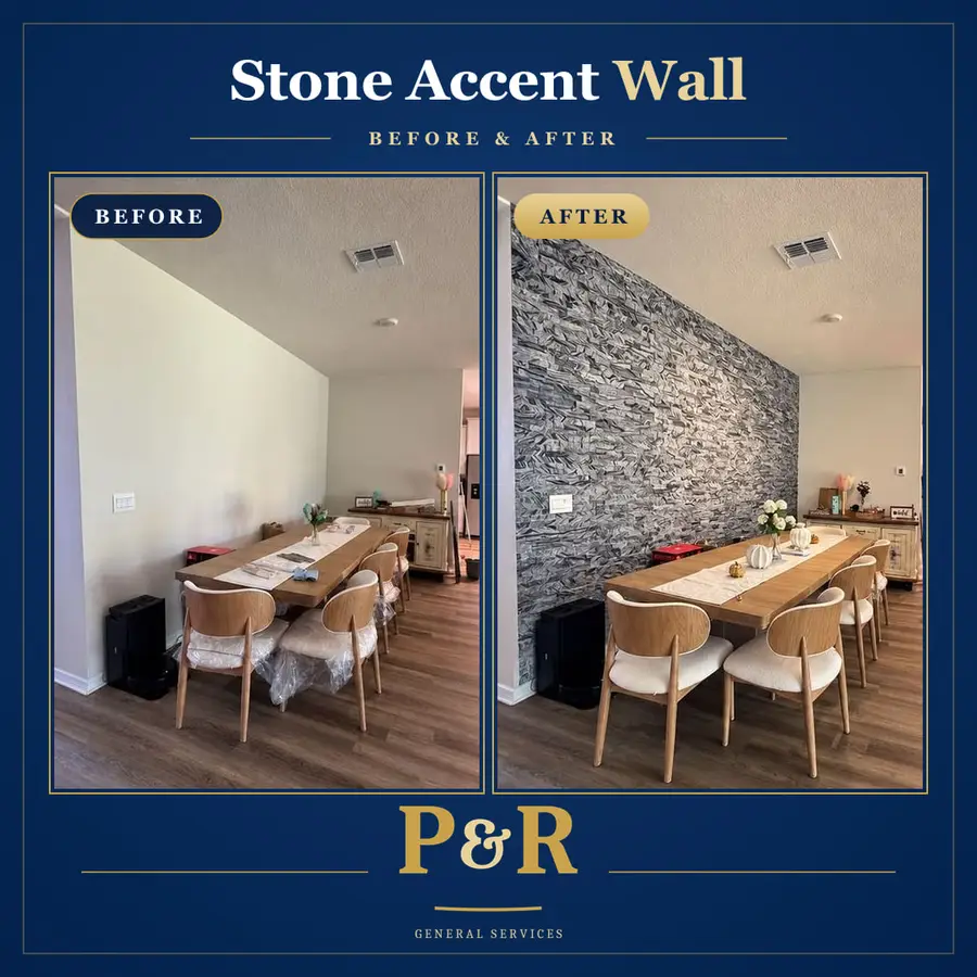 Before and after of a dining room wall: a plain painted wall, then a full-height gray stacked stone accent wall behind the dining table