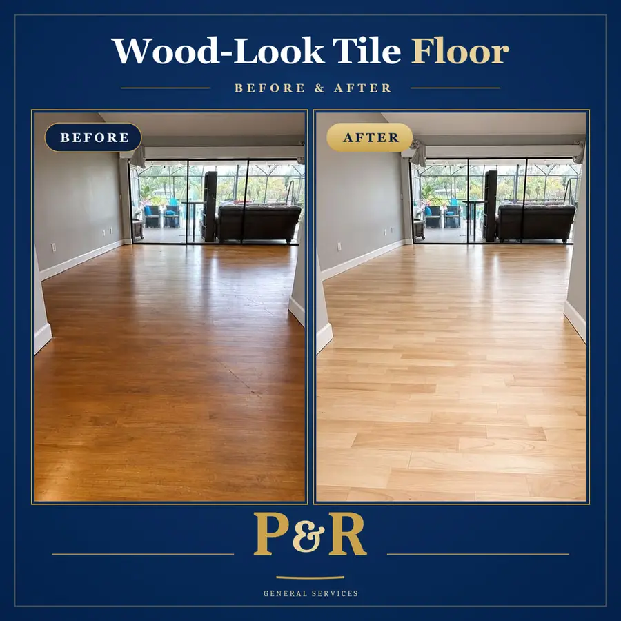 Before and after of a living room floor: a dark, worn, orange-toned wood floor, then light, natural wood-look porcelain tile in the same room